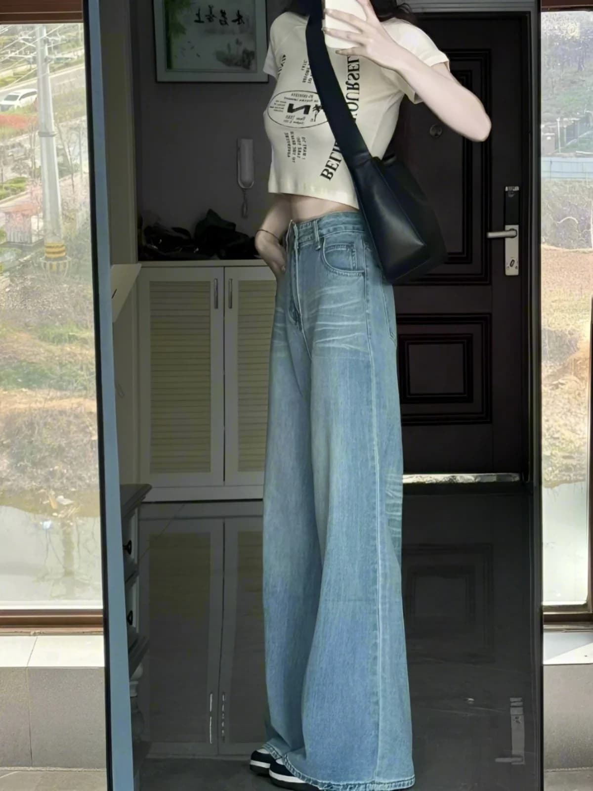 High Waist Wide Leg Jeans Women's Loose Straight Blue Denim Pants Long Trousers Floor Length Washed Slimming Effect