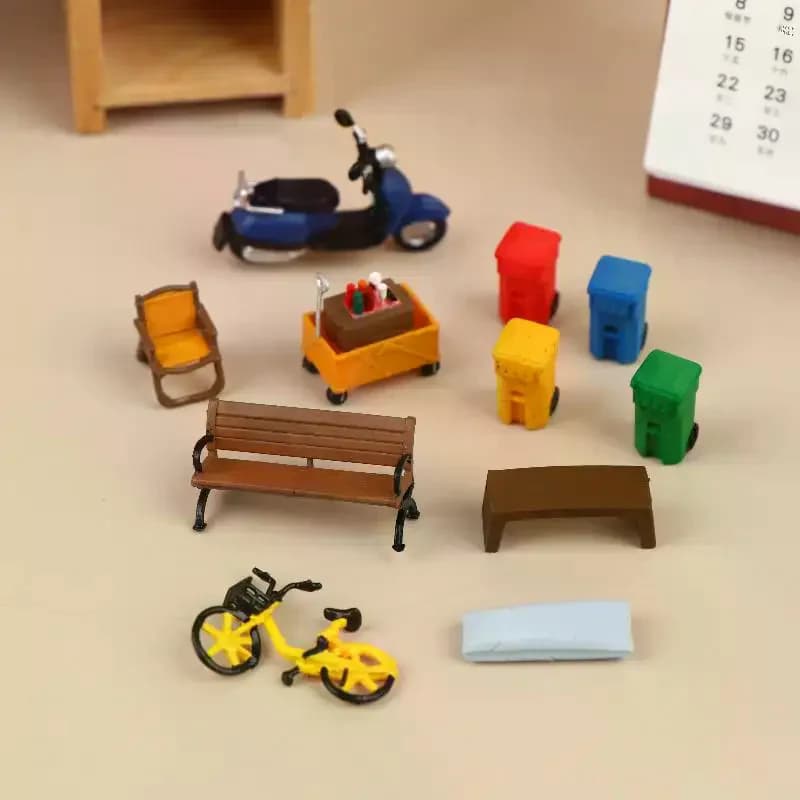 Decorazioni per Tavolo di Sabbia, Ornamenti in Miniatura Scala 1:64, Mini Cestino, Attrezzatura da Campeggio, Modellino di Bicicletta, Giocattoli per Bambini