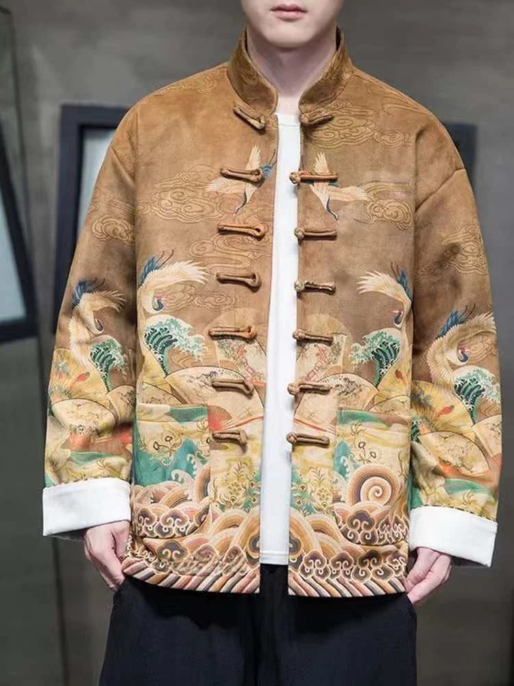 Spring Autumn Men's Youth Chinese Style Jacket Printed Hanfu Coat Stand Collar Button up Loose Fit Wear Resistant Long Sleeve