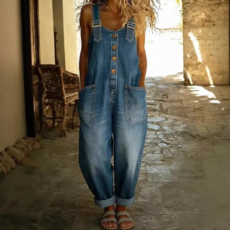 Women's vintage wide leg denim suit with adjustable straps, front buttons, pockets and rolled cuffs, casual fit and wide