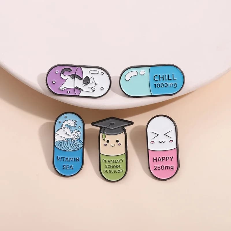 Cute Vitamin Sea Happy Chill Pills Glazed Pharmacy School Survivor Pin with Metal Decorative Brooch for Medical Students