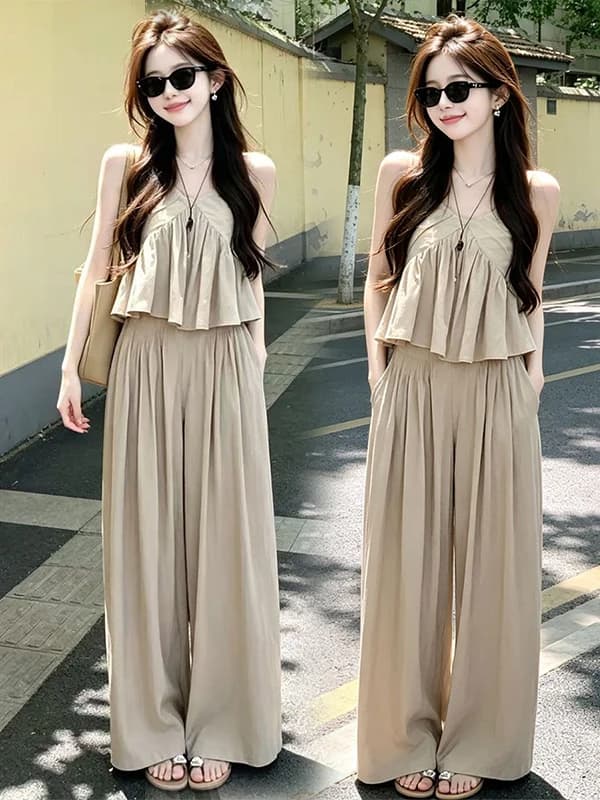 Summer Vacation Style Pure Desire Belted Waist Top Wide Leg Pants Women's Fashionable Two-Piece Set Polyester Fiber Blend