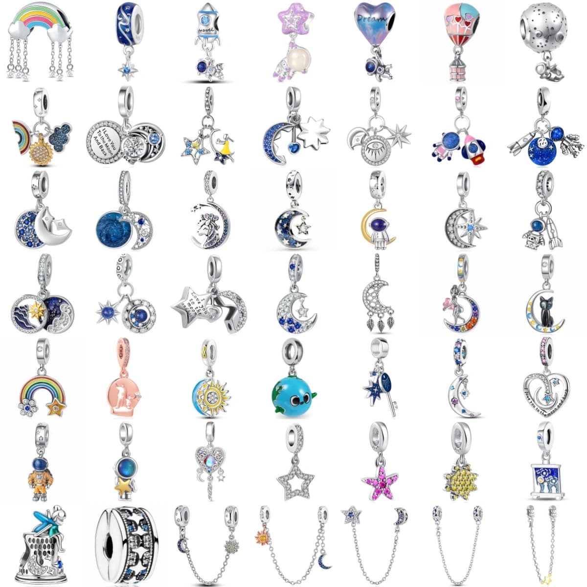 Silver Space Astronaut Moon Star Charm Bead Rainbow Planet Dreamcatcher Dangle Pendant Fit DIY Women Fashion Jewelry Gift