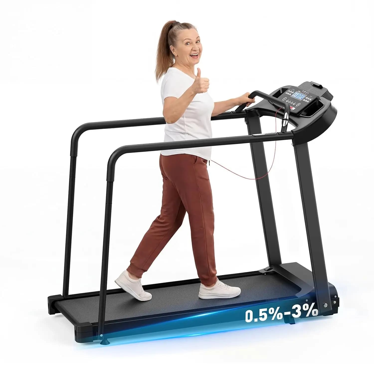 Tapis Roulant per Anziani con Maniglie Lunghe, Monitoraggio Frequenza Cardiaca, Nastro Largo, 2.5HP, 300LBS, Supporto PAD, Portabicchieri, Uso Domestico, Personalizzabile