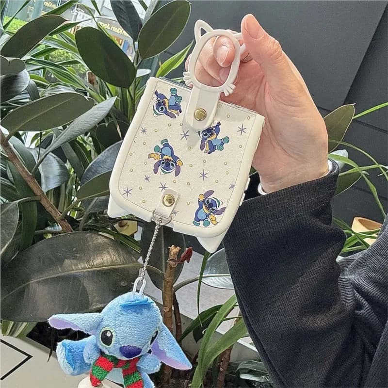 Custodia per telefono in pelle con orecchie di gatto 3D e Stitch per Samsung Galaxy Z Flip 3 4 5 6 7 7FE, Cover Kawaii con anello di supporto e cordino a forma di bambola