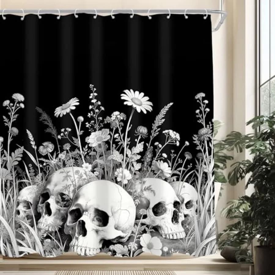 Gothic Skull Floral 72Wx72H Shower Curtain Retro Halloween Spooky Skeleton Flower Leaves Botanical Mystic Goth Black White Witc