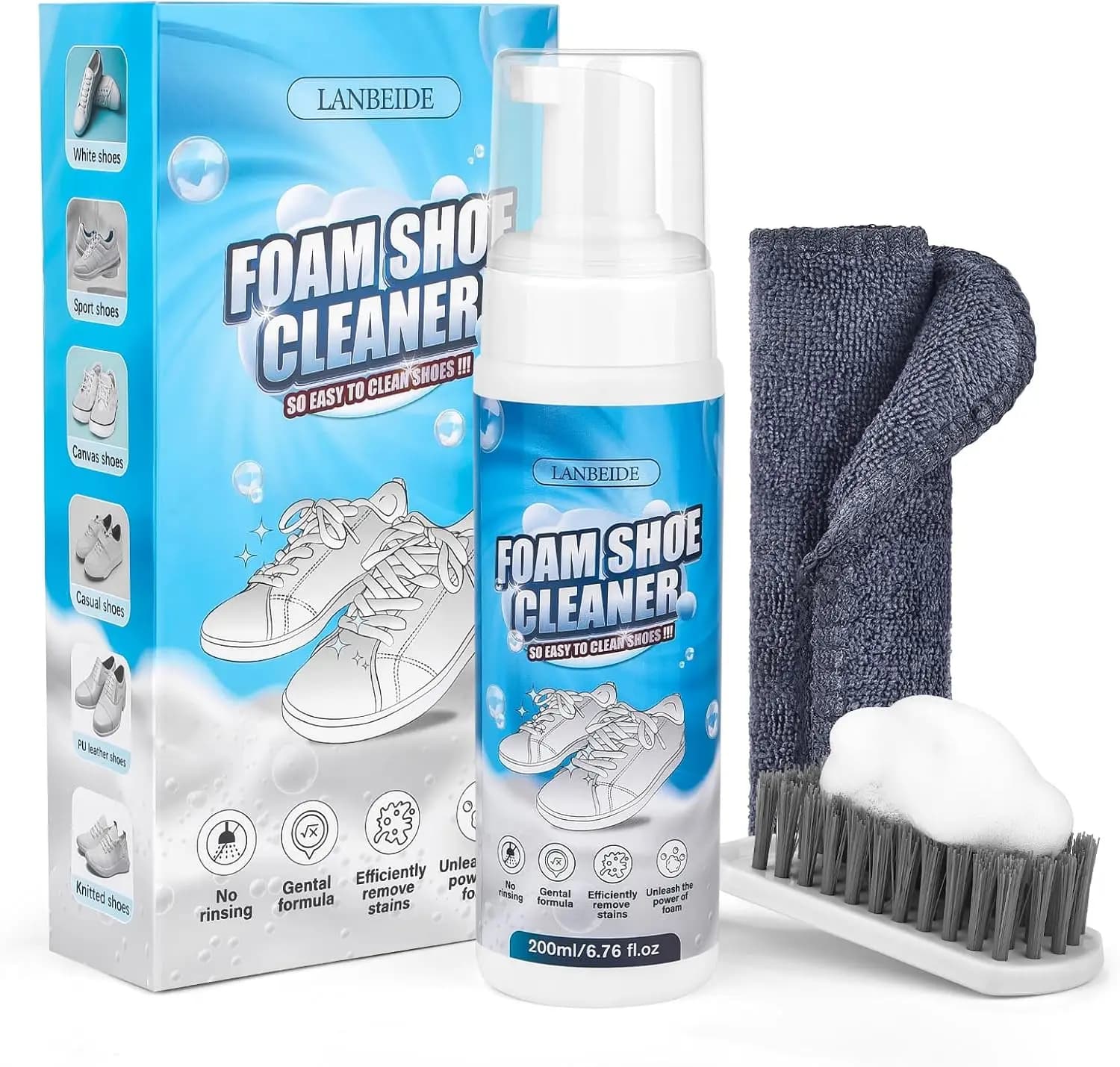 Kit per la Pulizia delle Sneaker con Spazzola e Asciugamano, Detergente in Schiuma Bianca da 200 ml per Scarpe