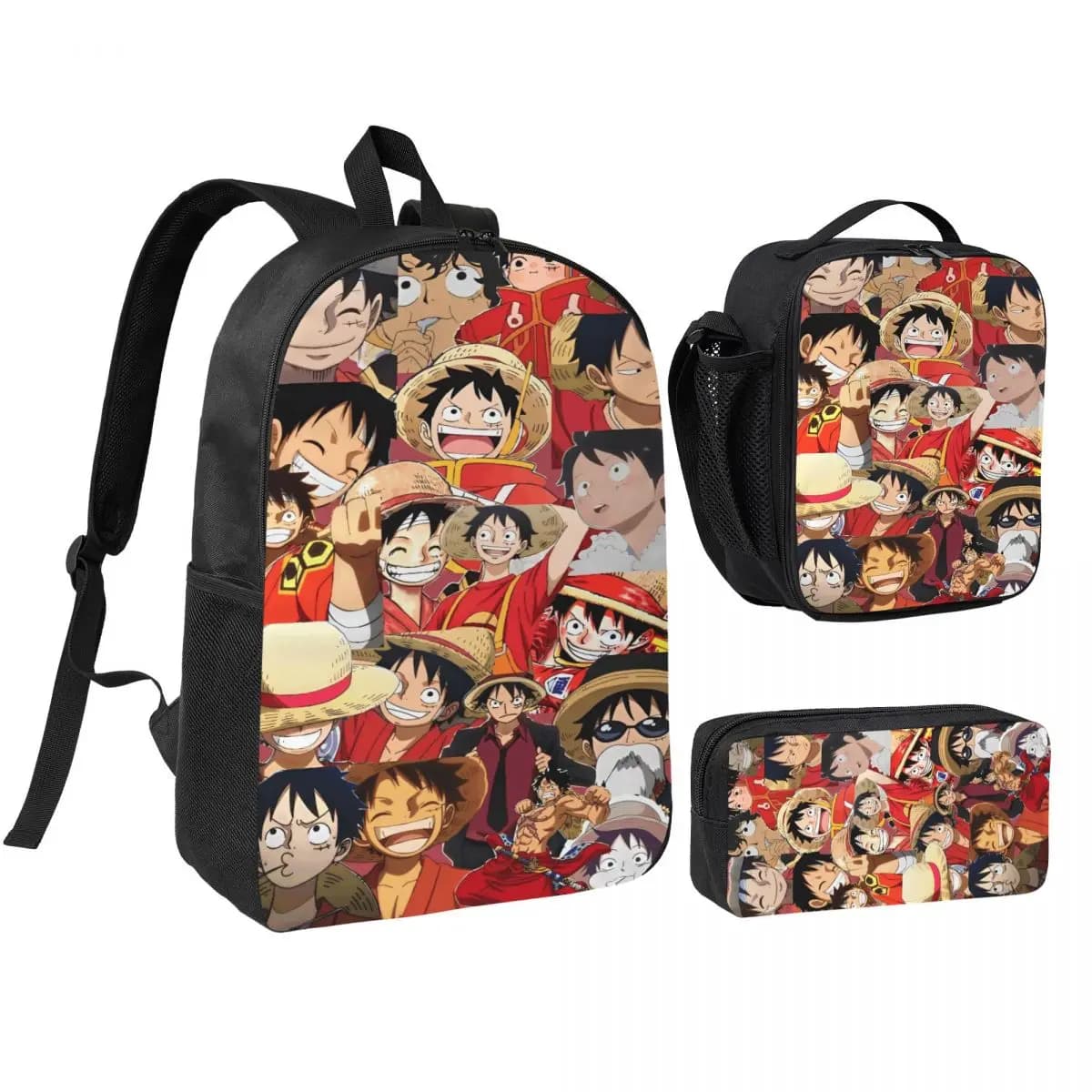 Set di 3 zaini scolastici con stampa One Piece di Luffy per bambini, con astuccio e borsa termica per il pranzo, per studenti.
