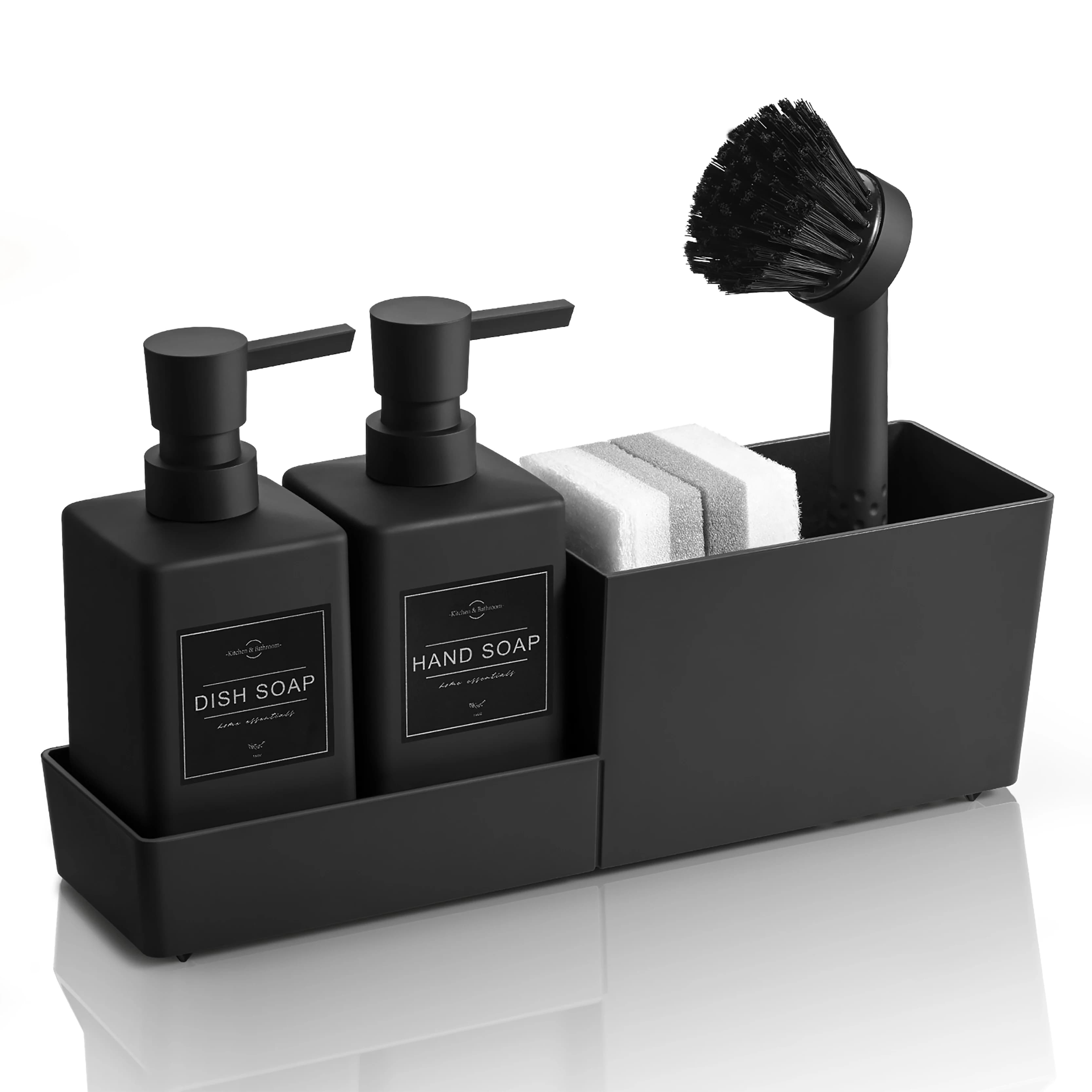 Set dispenser di sapone da cucina con portaspugna e spazzola per lavandino, dispenser di sapone per le mani e sapone per piatti, nero 4 in 1