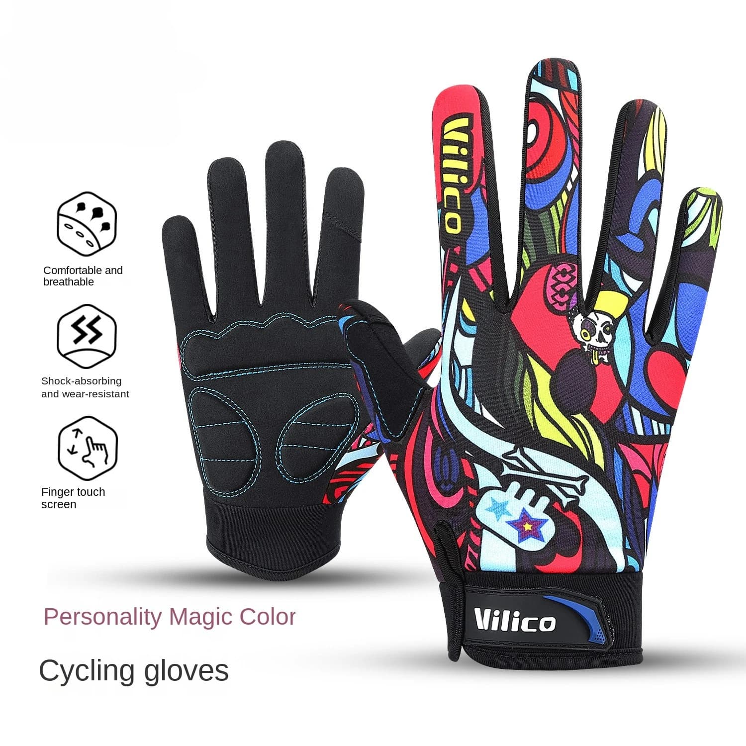 Guanti da ciclismo unisex colorati | Guanti da Bici Streetwear con Graffiti Riflettenti e Assorbimento degli Urti, Guanti da Palestra e MTB a Dita Intere