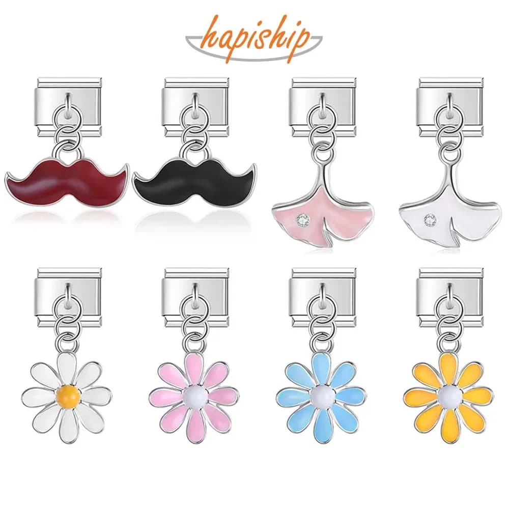 Hapiship 2023 Moda Ginkgo Foglia Barba Margherita Fiore Fascino Collegamenti italiani Misura 9mm Bracciale in acciaio inossidabile Gioielli fai da te DJ705