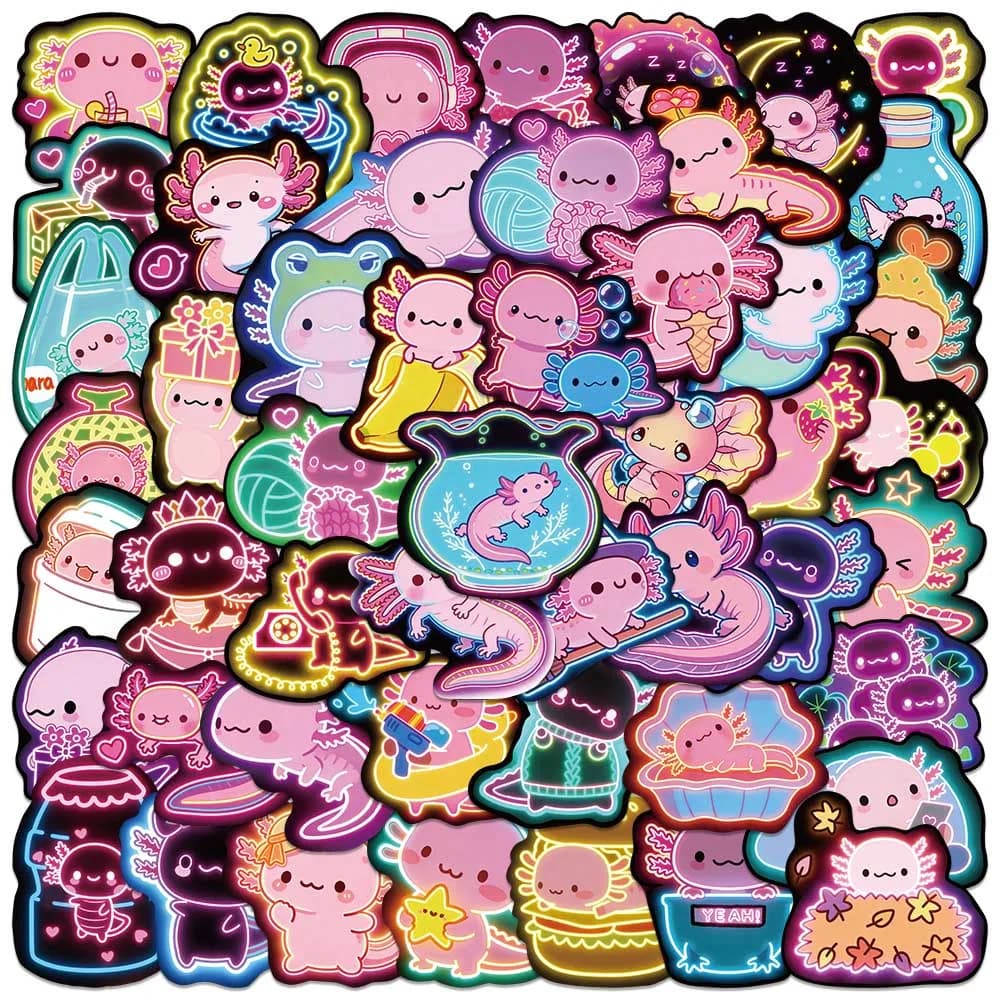 50PCS Neon Axolotl Stickers Cute Decals For Earbud Case Portable Charger Gadget Laptop Phone Auto Decor
