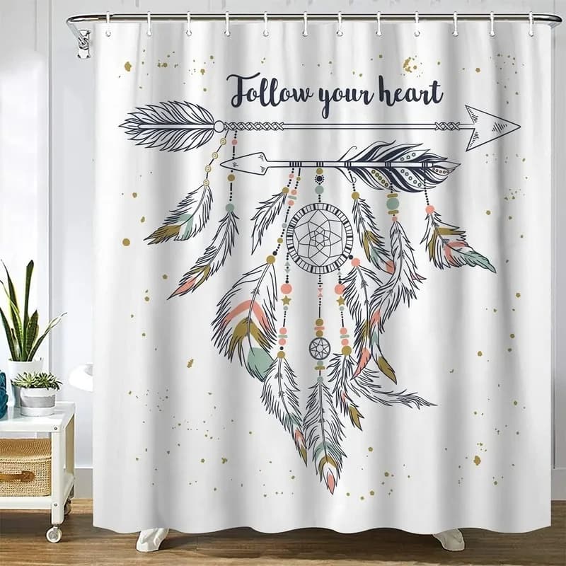 Boho Arrow Feather Dream Catcher Shower Curtain No Drill Waterproof Bathroom Curtain with 12 Hooks 72x72 Inch