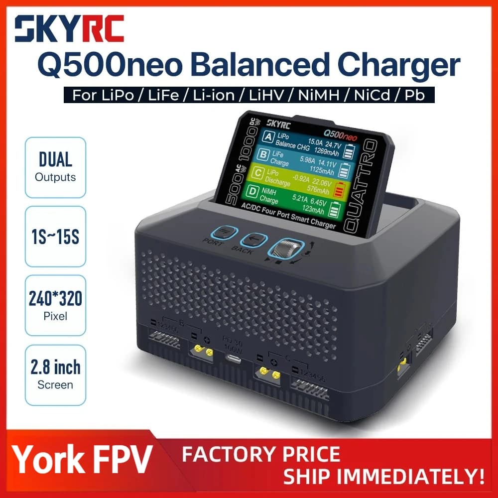 SKYRC Q500neo Charger 4×25A Ports 500W Discharge 16-bit ARM PID Adjustable Power Supply for LiPo LiFe Li-ion LiHV NiMH NiCd Pb