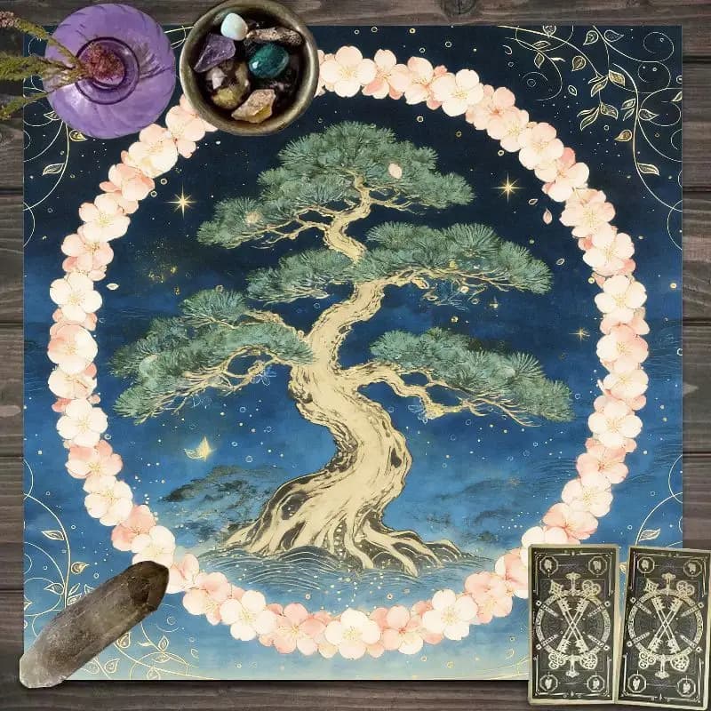 VIKAMA Cherry Blossom Tree of Life Tarot Cloth Witch Altar Mat Wicca Divination Oracle Card Crystal Grid Ritual Decor