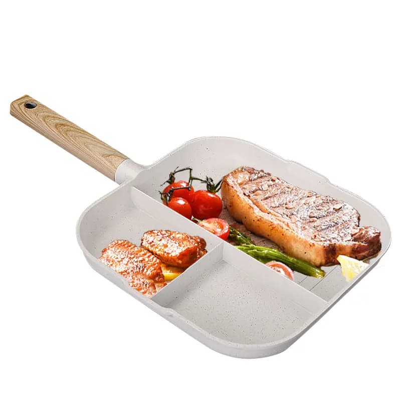 Grande Padella Antiaderente Quadrata 3 in 1 con Scomparti per Uova, Omelette, Colazione, Hamburger e Bistecche