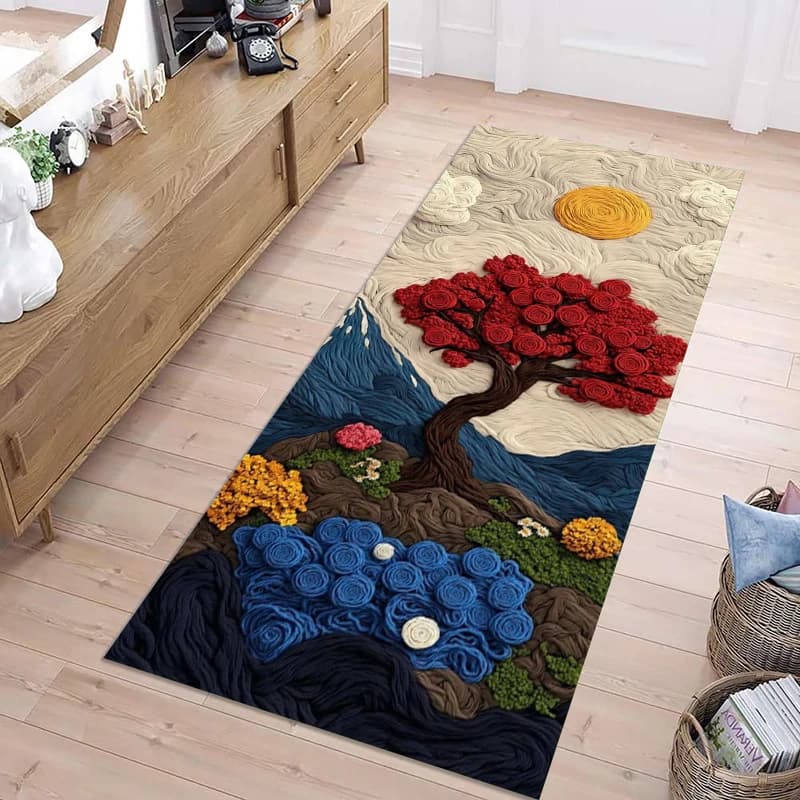 Impasto Yarn Style Red Tree Mountain Sun Landscape Felt Runner Rug Non Slip Wearproof Vintage Art Long Kitchen Hall Floor Mat