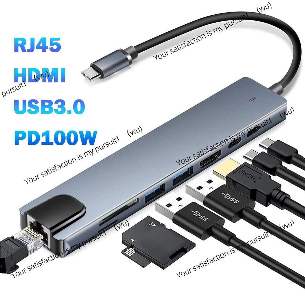 Hub USB 3.0 Tipo C, Docking Station USB C con HDMI 4K 30HZ, Adattatore Ethernet Tipo C a RJ45 100Mbps, Estensore VGA, Uscita Cuffie, PD 100W