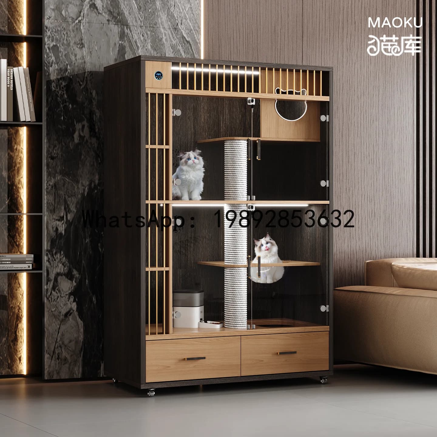 LX Smart Cat Villa Solid Wood Indoor Cat Cage Fresh Air Cat Cabinet House with Integrated Litter Box and Toilet