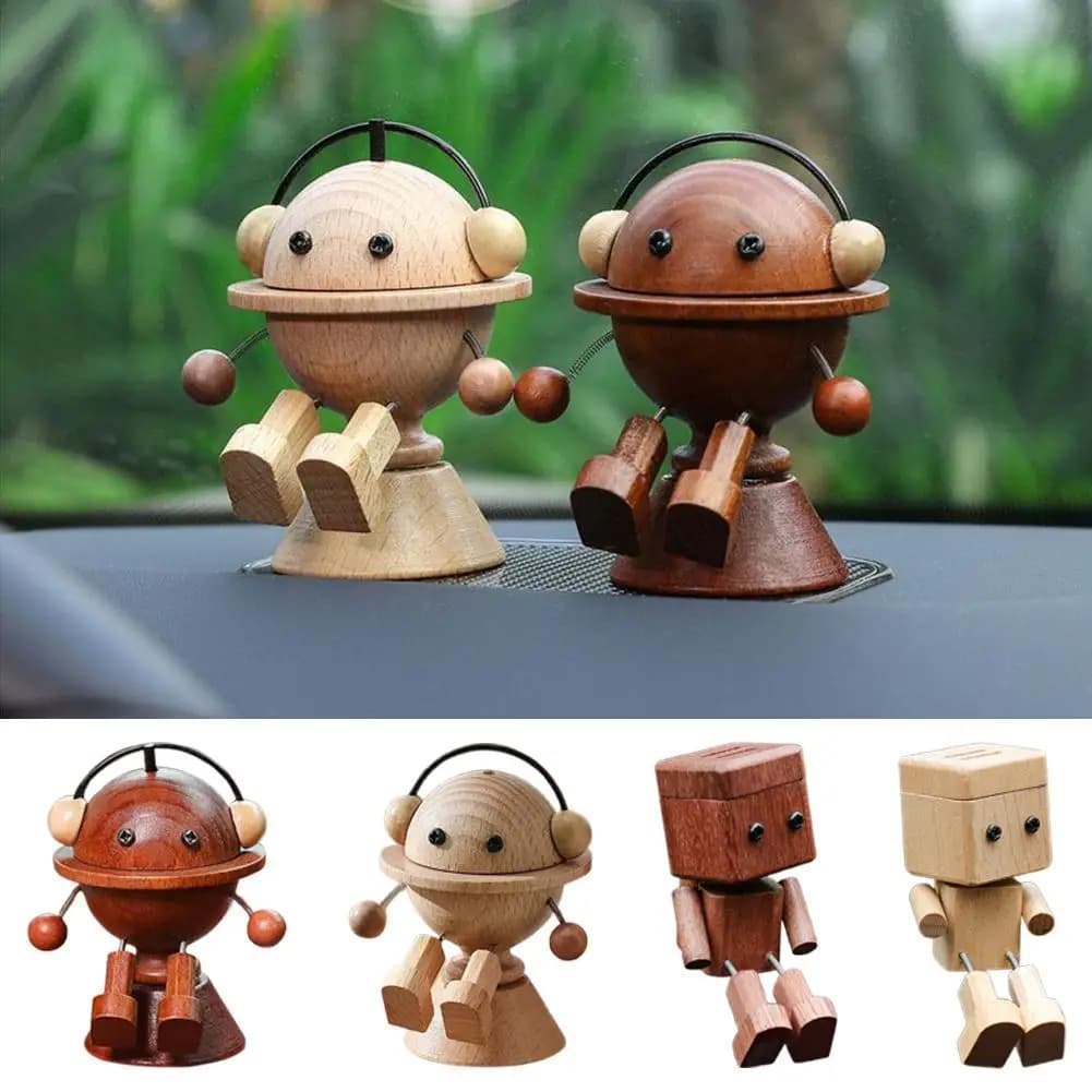 Spring Swing Wooden Robot Car Diffuser Ornament Handmade Wood Dashboard Decor Aroma Air Freshener Stress Relief Toy