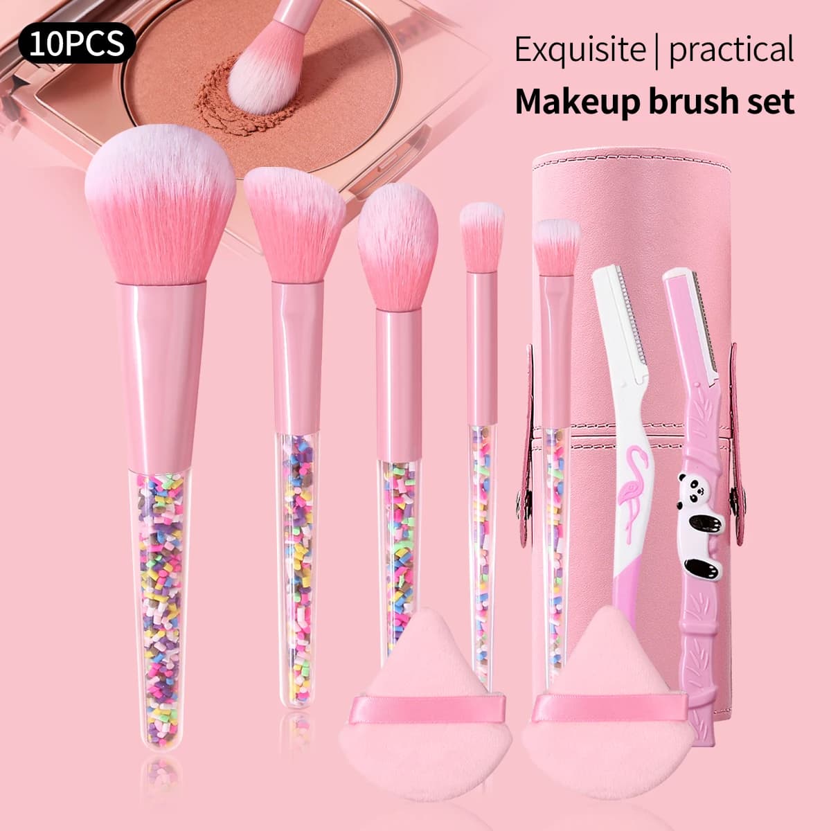 10/9/8/5 pieces pink makeup brush set, makeup brush container, portable multifunctional brush kit, makeup brush set