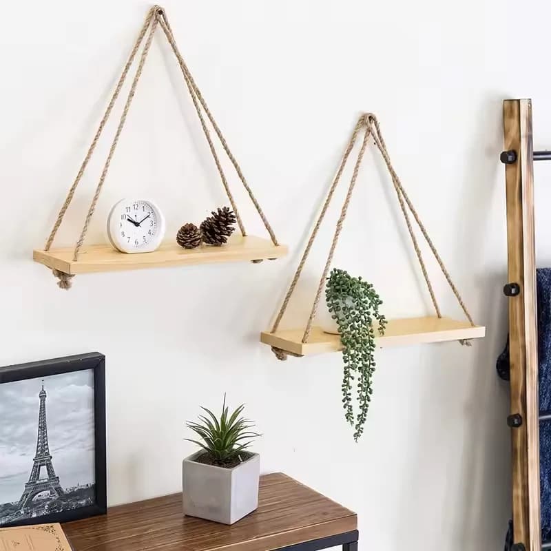 Novel Floating Wood Shelf with Hanging Rope Wall Mounted Plant Stand for Flower Pots Indoor Outdoor Home Balcony Decoration