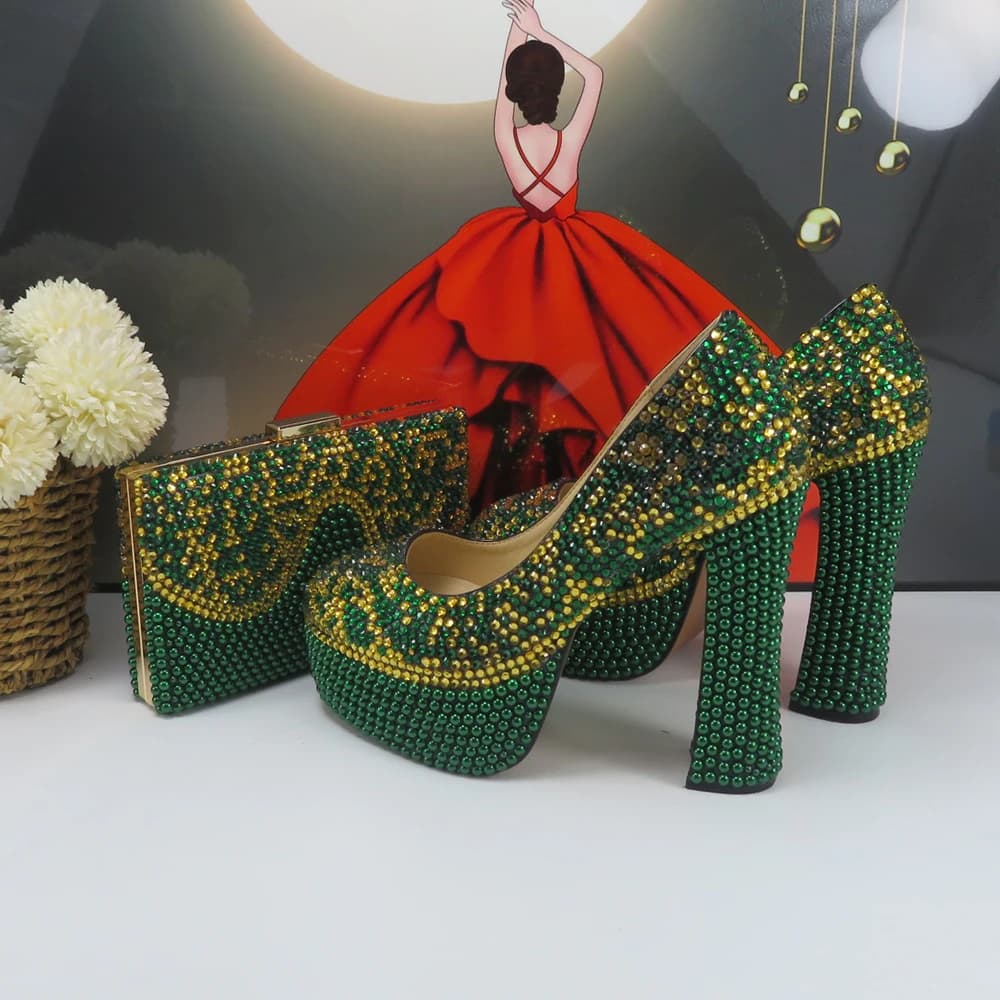 Scarpe da Sposa di Lusso con Tacco Alto e Cristalli, Borsa Abbinata, Scarpe da Sera da Donna, Tacchi Alti Spessi, Punta Rotonda, Scarpe con Plateau Basso Femminili