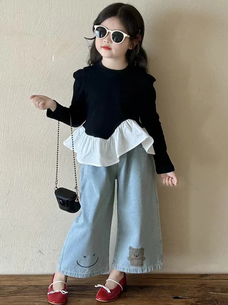 Girls Korean Style Spring New Fashion T-Shirt Bear Pattern Denim Pants Children's Clothing round Neck Long Sleeve Cotton Blend