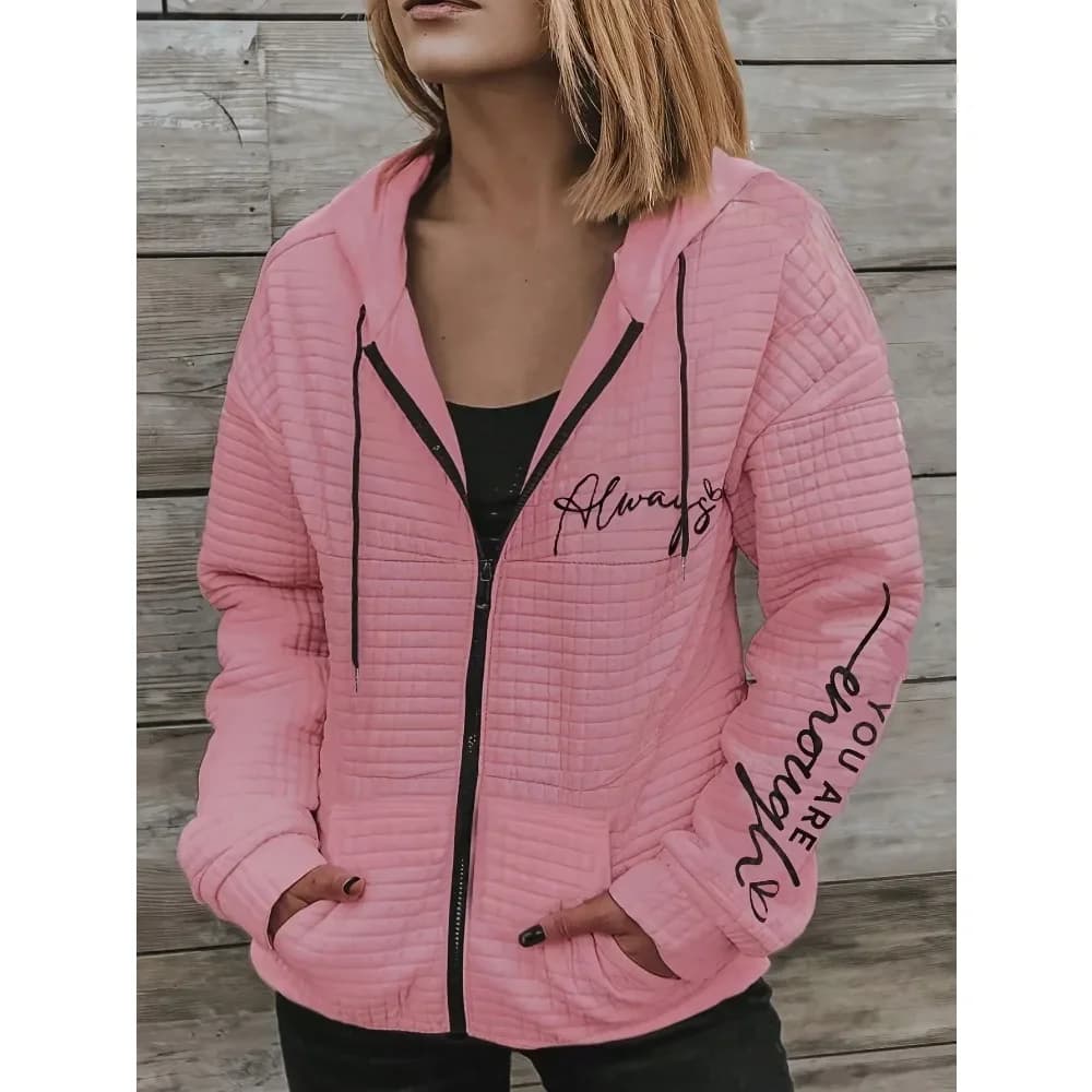 Plus Size 1XL-5XL Cappotto da giacca a maniche lunghe stampato con lettera di moda da donna Cappotto con cappuccio con cerniera stampata casual da donna