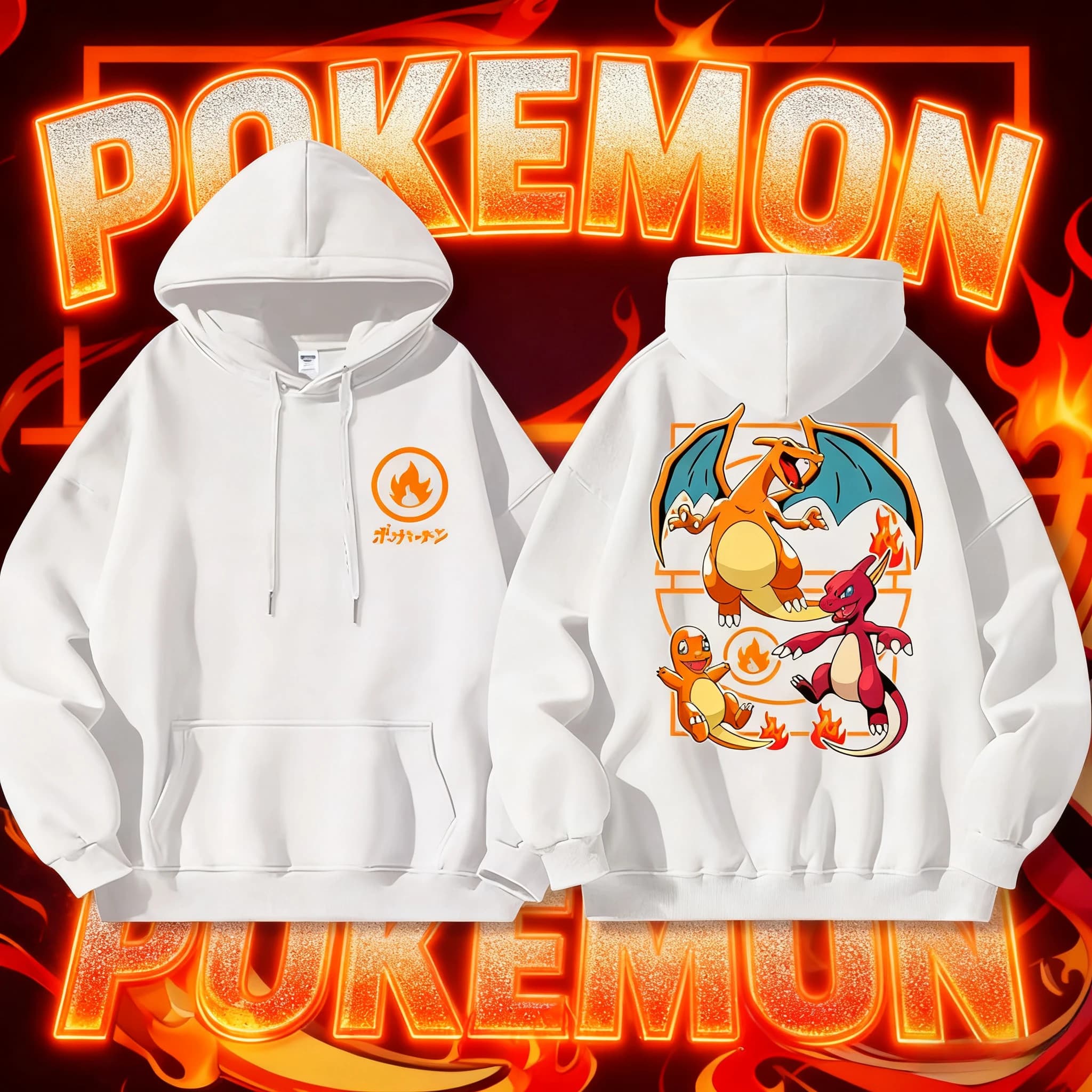 2025 Autumn/Winter Pokemon Animation Brand 100% Cotton Charizard Printed Hoodie Men's/children's Harajuku Casual Loose Keep Warm