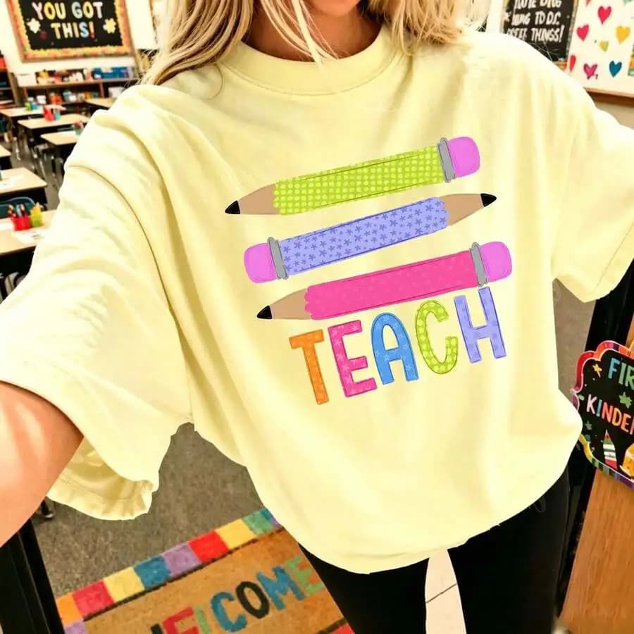 Women Graphic T‑Shirt Teaching Pencils Teacher Appreciation Hand‑Drawn Print Crew Neck Short Sleeve Preppy Style Back‑To‑School Season Casual Everyday Outfit Tee
