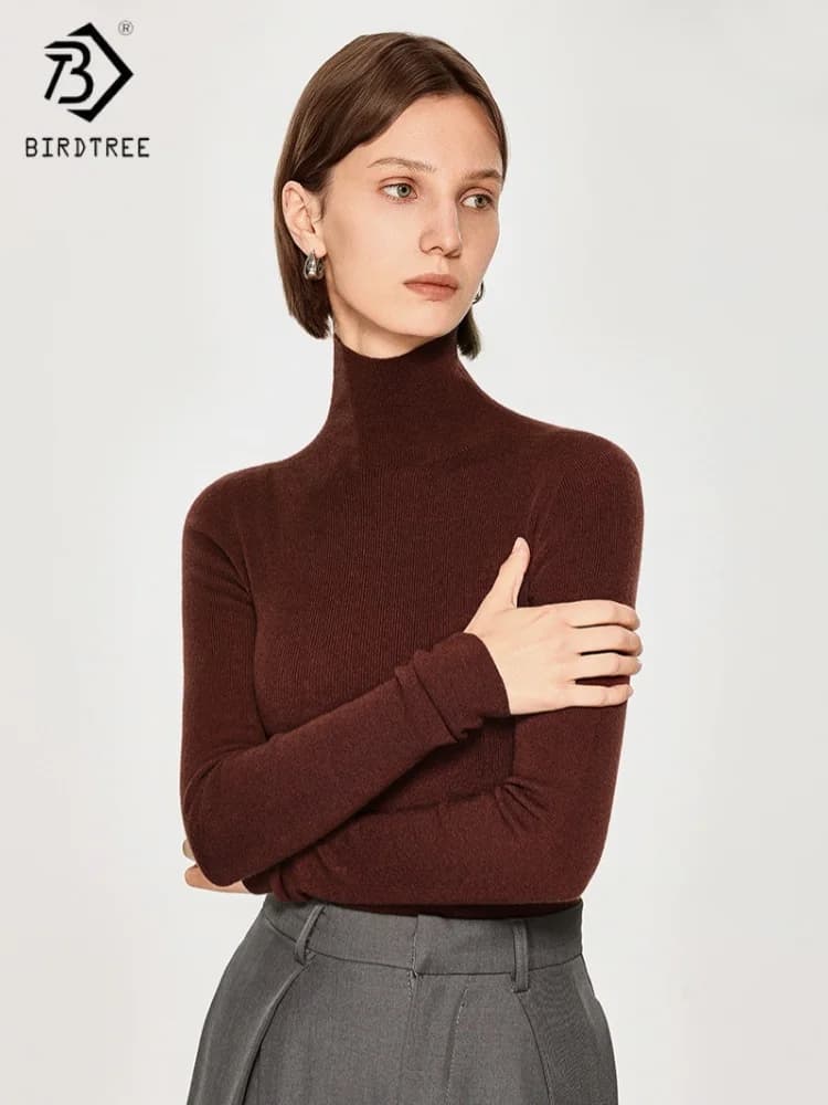 Birdtree 100% lana di pecora che tocca la biancheria intima, maglione dolcevita senza cuciture da donna a 16 aghi, pullover lavorato a maglia autunno 2025 T59006JF