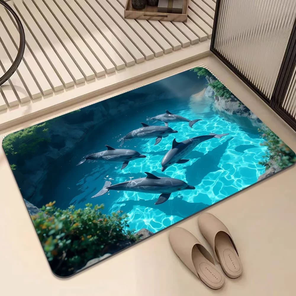 Tappetino da bagno a tema Dolphin Bay Ocean, antiscivolo, assorbente, con design acqua turchese, per doccia, cucina, lavanderia, decorazione domestica