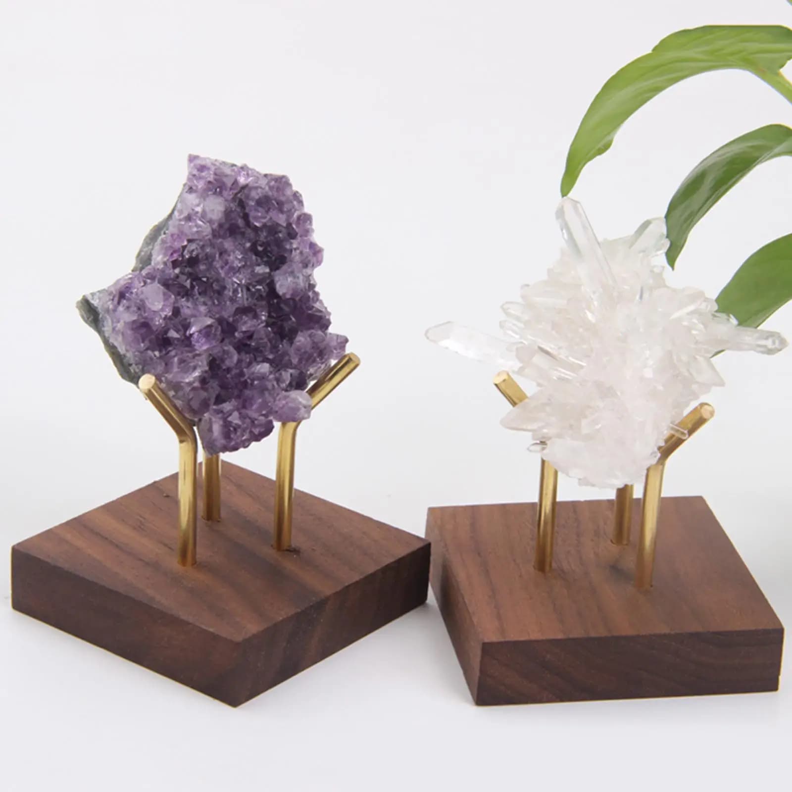Solid Wood Display Stand Crystal Ball Rack Pedestal Square Base Support Brass Arm for Minerals Agate Gemstones Quartz Decor