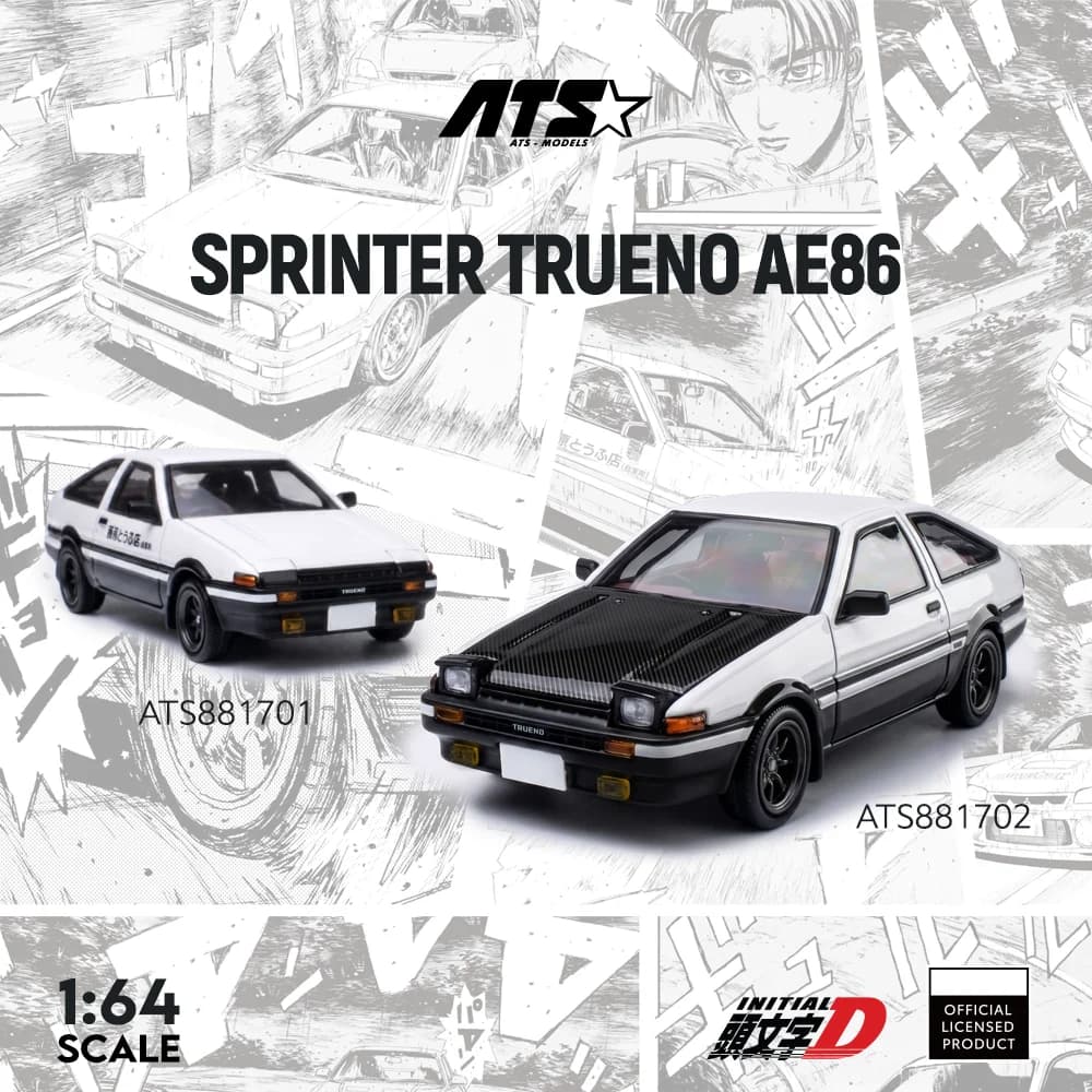 ATS 1:64 Sprinter Trueno AE86 Black Bonnet & White Bonnet Diecast Alloy Car Model Display Collectible Toy Gift