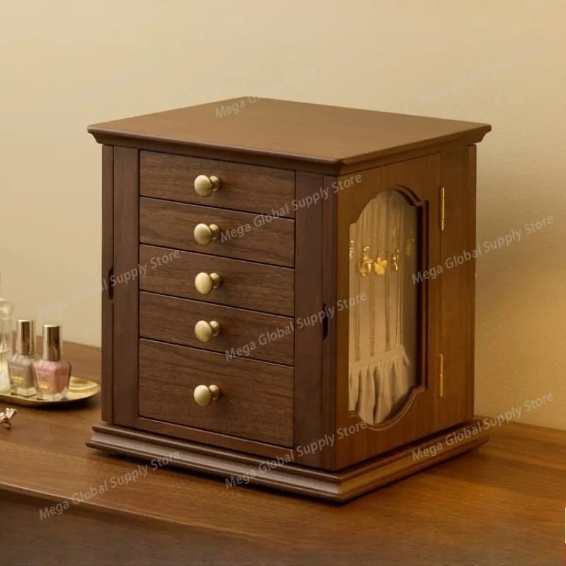 Rotating Solid Wood Jewelry Box Large Capacity Retro Black Walnut Wood High Grade Jewelry Storage Organizer for Gold Accessories