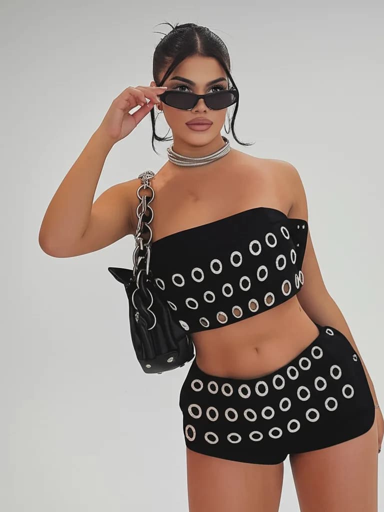 Top punk a spalla scoperta e pantaloncini corti, set sexy gotico da donna, abbigliamento sportivo estivo per il tempo libero, set due pezzi.