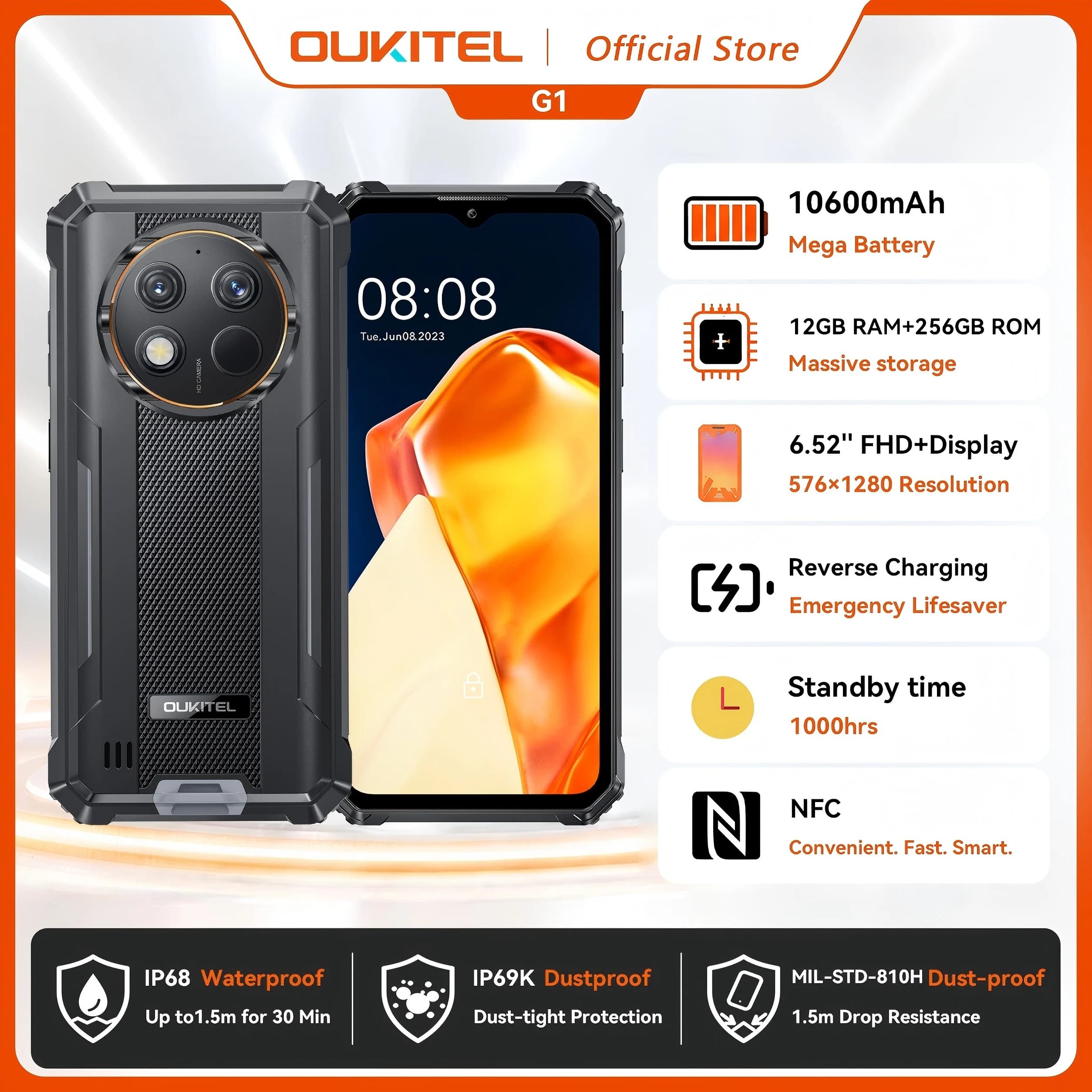 Telefono robusto OUKITEL G1 - 10600 mAh, 24 (6+18) GB+256 GB, display da 6,52", impermeabile IP68, smartphone NFC, fotocamera Android 14,48 MP