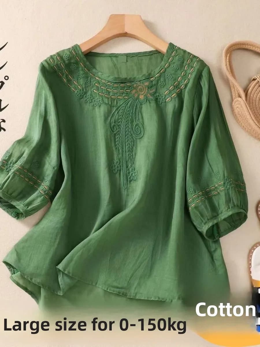 plus Size 300 Pounds Embroidered Cotton Linen Loose Fit Slimming Seven Sleeve Women's Summer New Style Ethnicity T-shirt