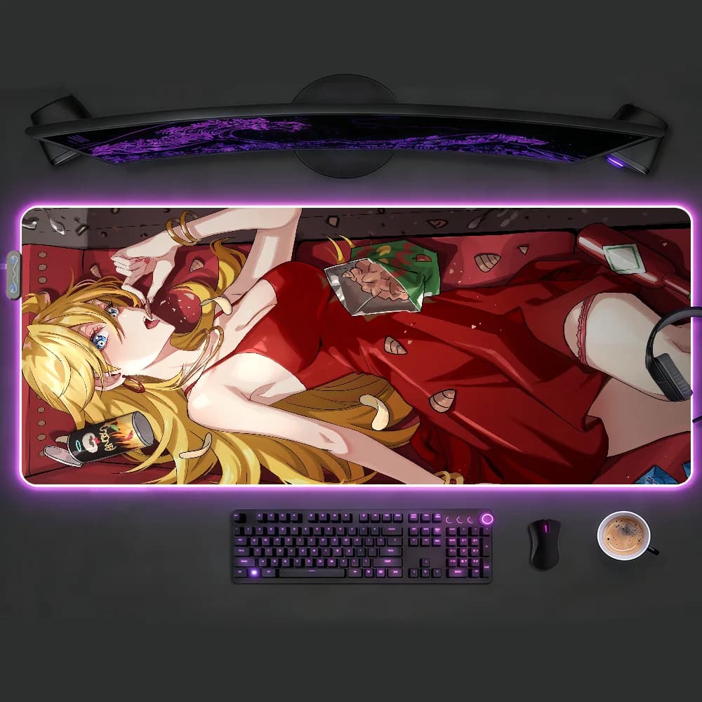 Tappetino per Mouse da Gaming, Grande con Bordi Cuciti Antiscivolo, LED RGB con Ragazza Anime in Abito Rosso per Giocatori PC e Uso Quotidiano in Ufficio