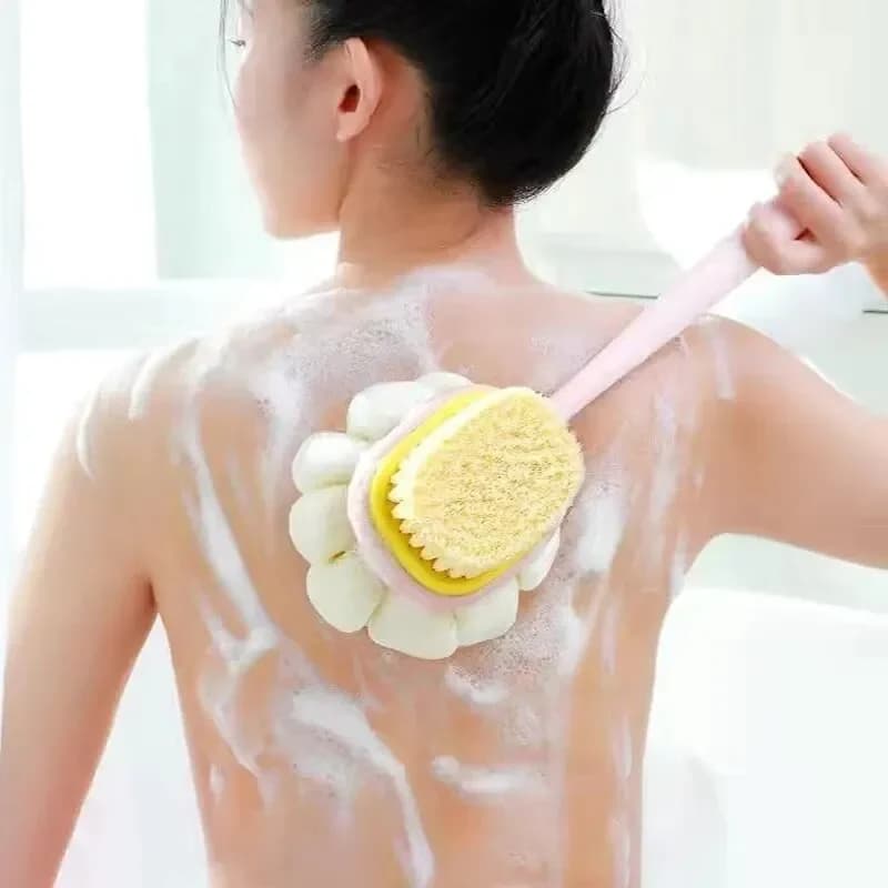 Spazzola per il corpo della doccia con manico lungo per la schiena in luffa con spugna a rete morbida per bagno esfoliante per la pelle delle donne, massaggio