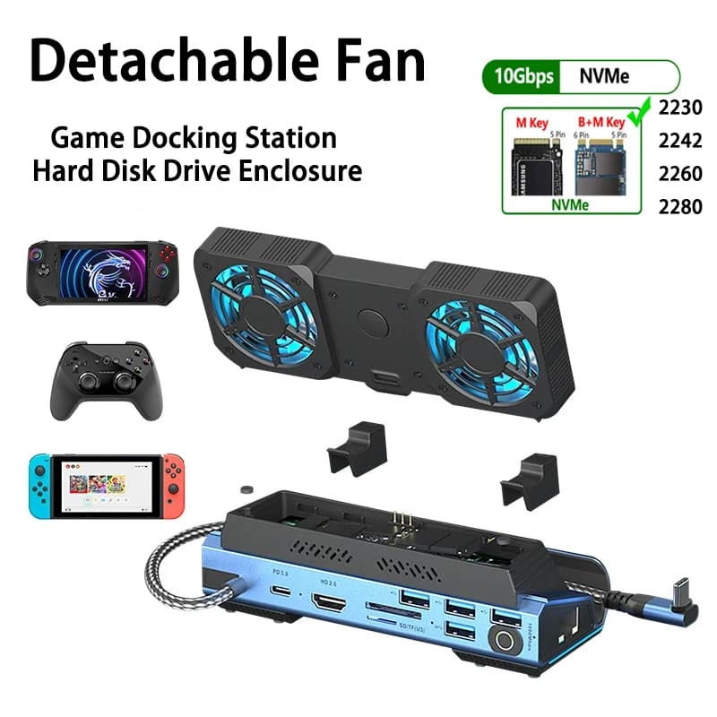 PD3.0 SD/TF RJ45 Ventola staccabile steamdeck ROG switch docking station da gioco docking stand con custodia per disco rigido M2 4K/60Hz