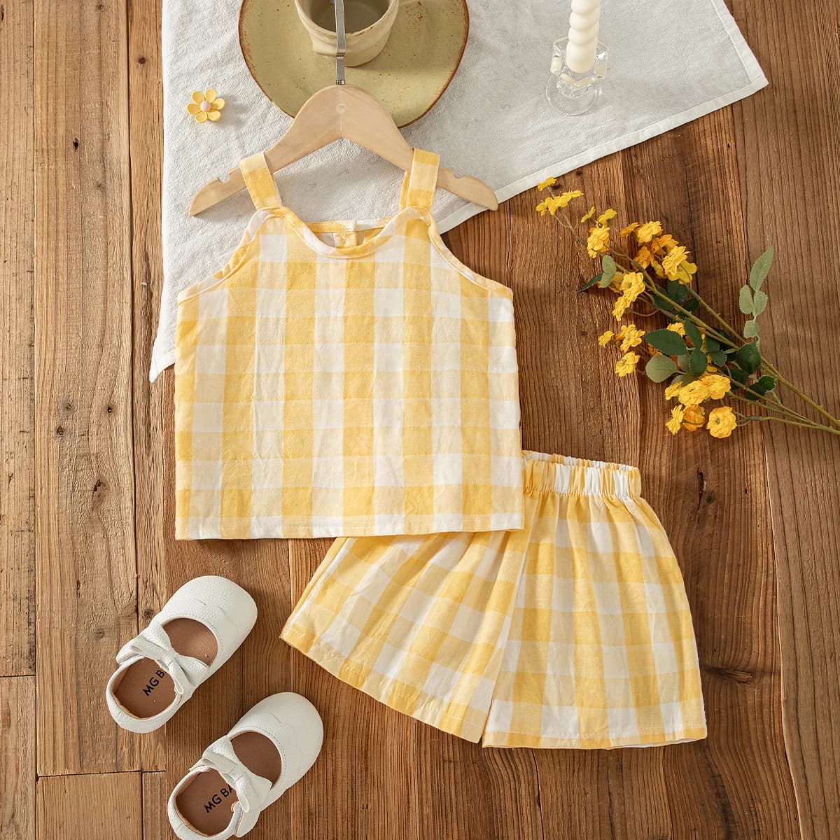 Set di 2 pezzi per bambina, completo estivo con top e pantaloncini in cotone a quadretti, abbigliamento per bambina, grazioso set da spiaggia per neonata
