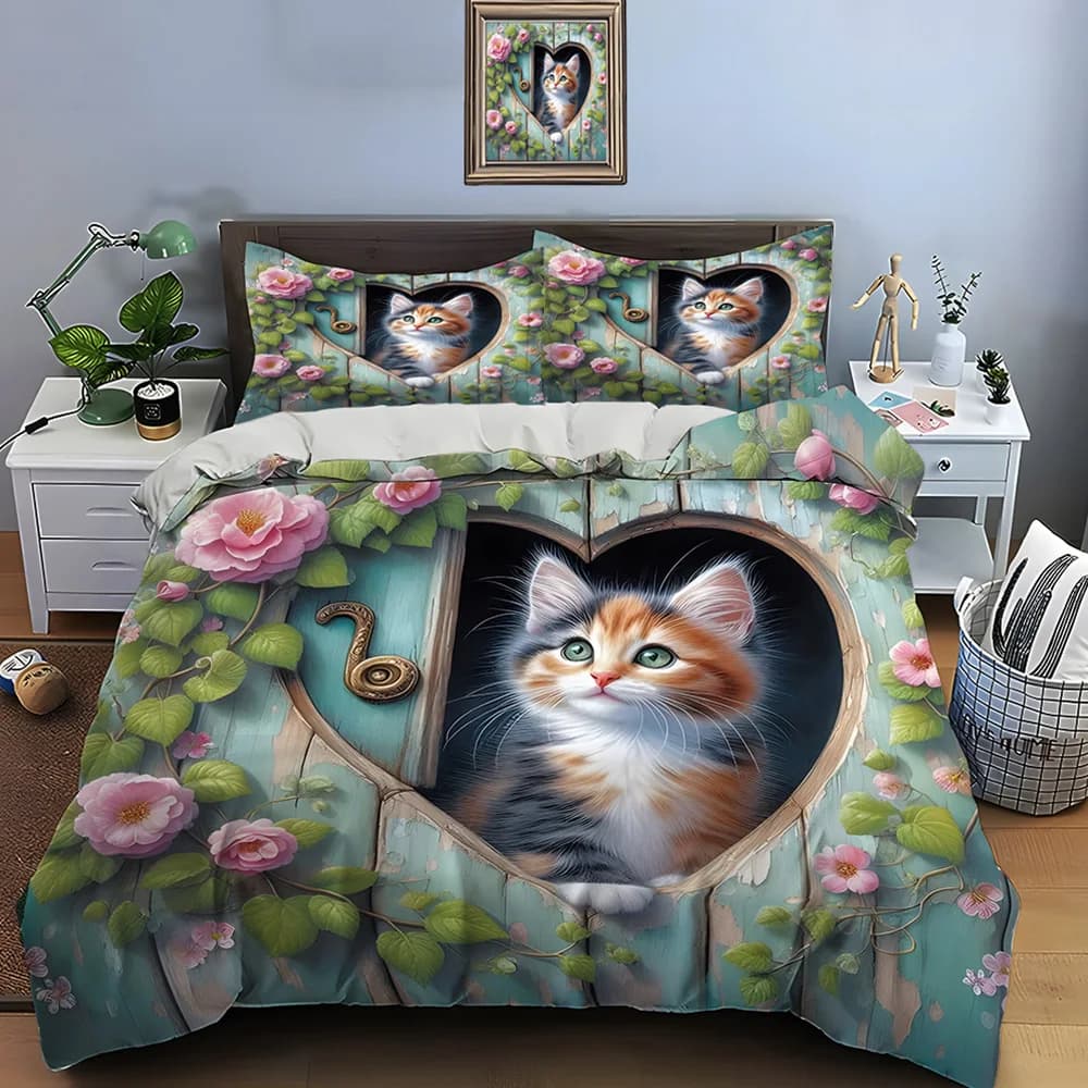 Set di Biancheria da Letto con Stampa Gattino in Apertura a Cuore, Morbido e Confortevole, Include 1 Copripiumino e 2 Federe, Ideale come Regalo