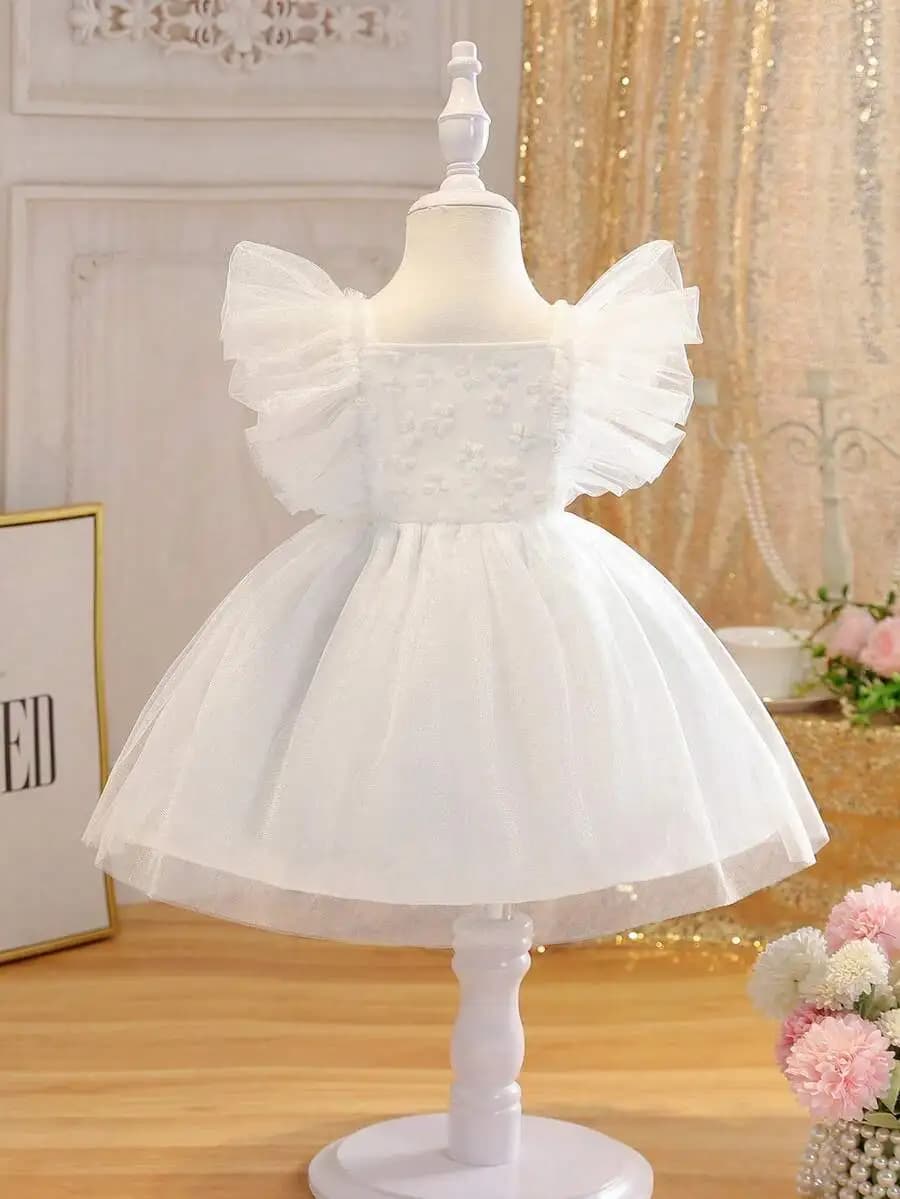 White Tulle Princess Dress With Ruffled Sleeves For Formal Evening