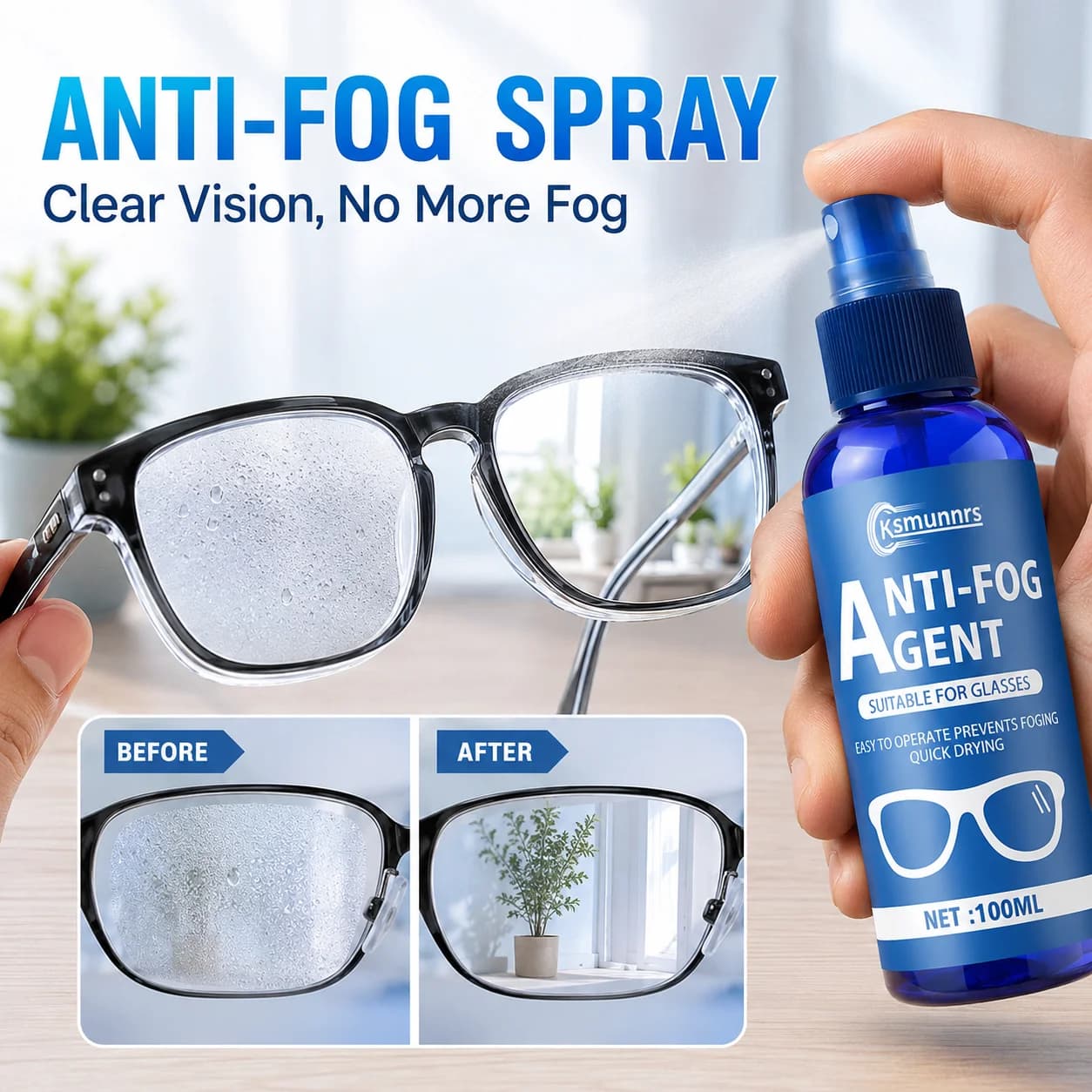 100ml Nano Anti-Fog Spray for Eyeglasses, Swimming Goggles and Ski Goggles, Long-Lasting Anti-Mist Coating, Clear Vision Lens Cl