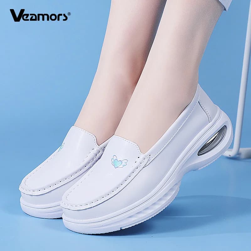 Women Air Cushion Nurse Work Shoes PU Leather Slip on Loafers Anti Slip Shock Absorb Comfort Walking Shoes Soft Sole