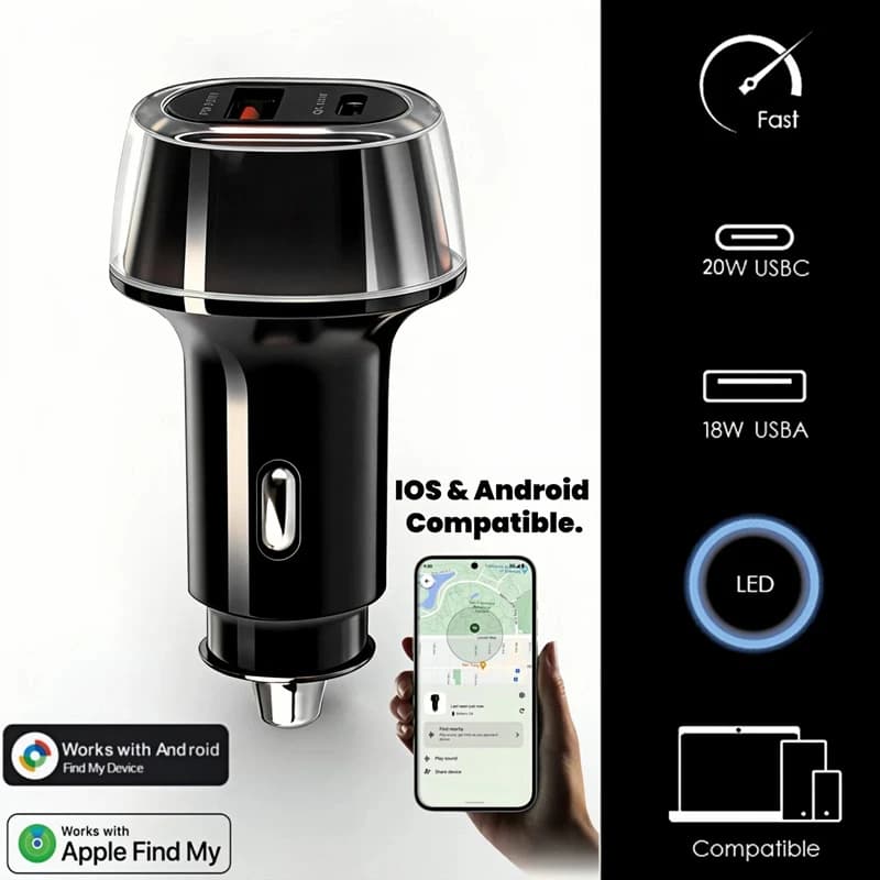 Universal mini car charger, USB Type-C adapter for cigarette lighters, hidden GPS tracker for IOS Find My and Android Find Hub