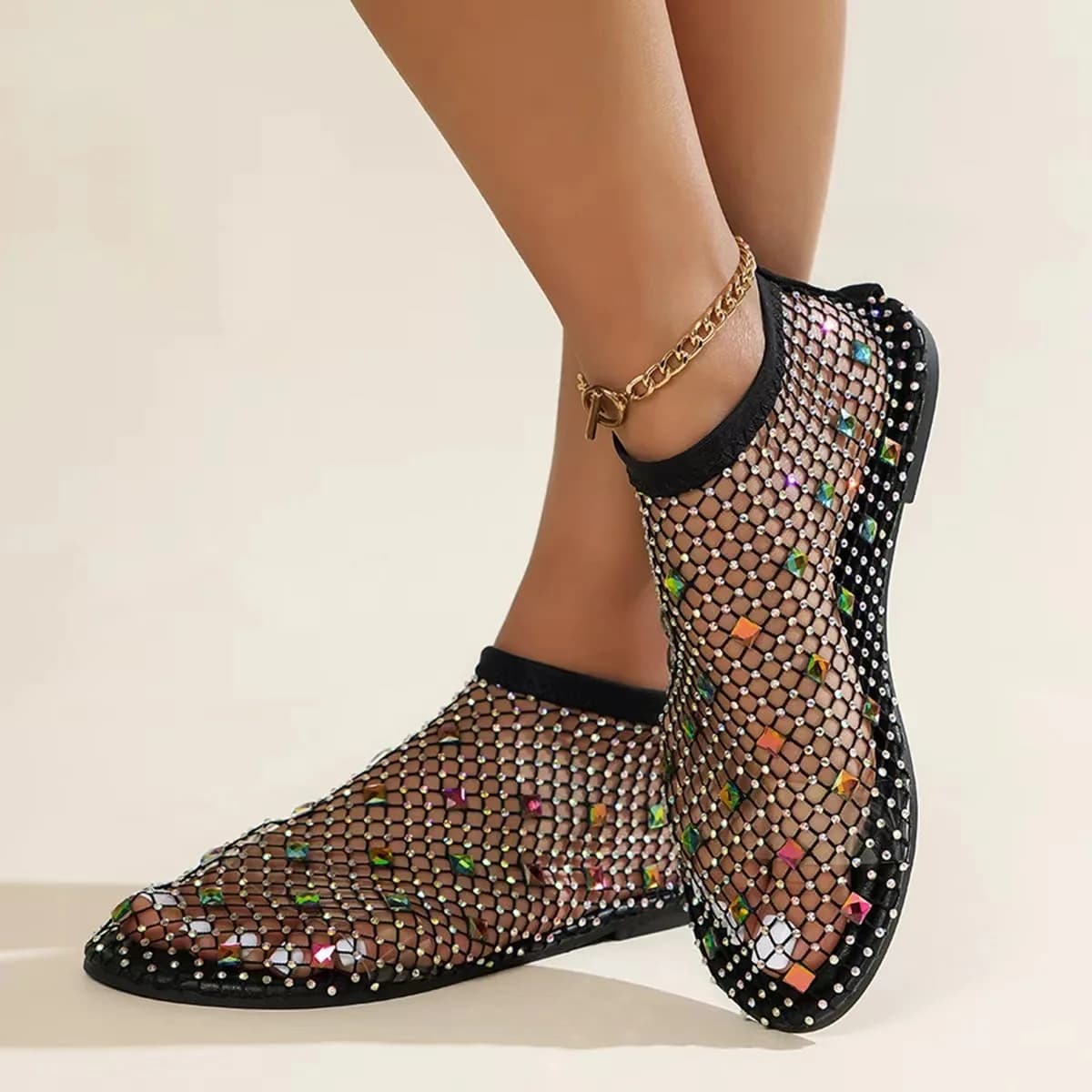 round Head Flat Bottom Elastic Band Sandals Women's Large Size Fishing Net Slip-On Casual Sandals Low Heel Rubber Sole