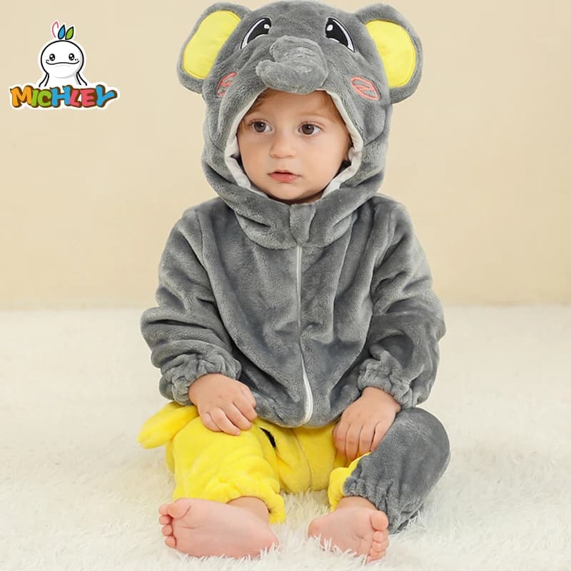 MICHLEY Carnaval Elephant Winter Baby Rompers Clothes Costume Flannel Hooded Bodysuits Pajamas Animals Jumpsuit For Boys Bebe